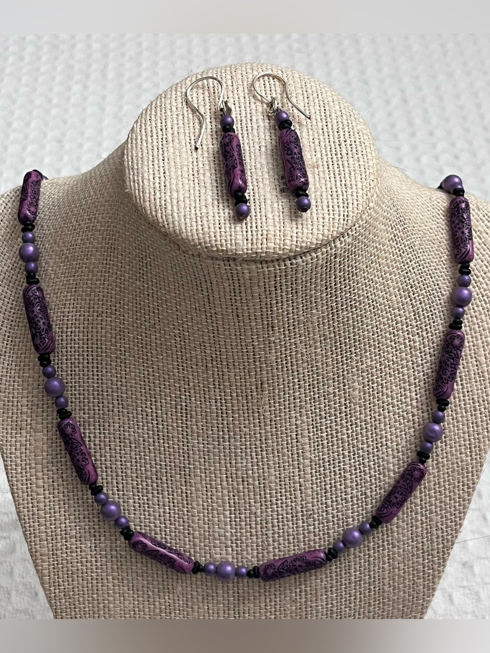 NEW Handmade Purple Floral Bead Necklace & Earrings Set